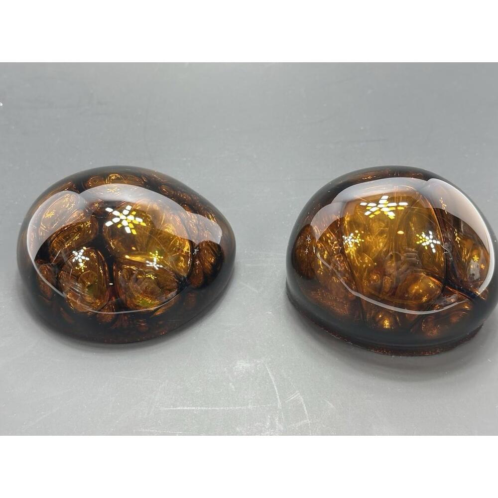 2 Vintage Controlled Broken Bubble Blown Glass Brown Paperweight Murano Bubbles